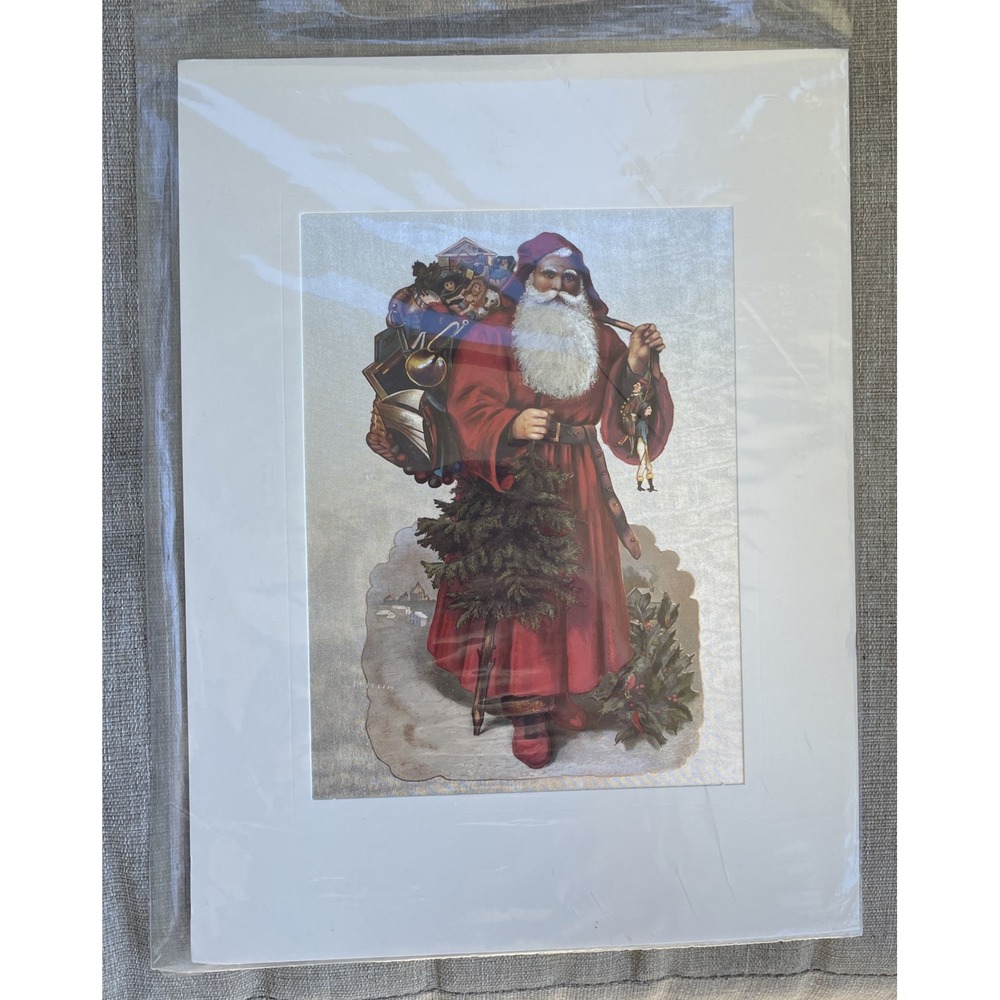 Large Christmas Die Cut Santa Two Puppets & Robins Perched on Holly Holiday Vntg